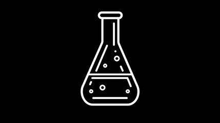 simple white outline drawing of a flask with a liquid inside and bubbles rising to the top all on a black background
