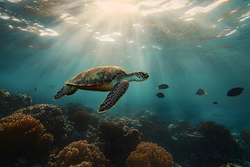 Fototapeta premium sea turtle and coral reef underwater in the ocean habitat, representing tropical fish and aquatic animals