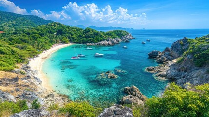 A picturesque, tropical bay with white sand beach, turquoise water, lush green vegetation, and rocky cliffs under a clear blue sky.