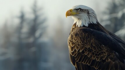 Obraz premium A bald eagle is perched on a snowy branch. Concept of strength and majesty, as the eagle stands tall and proud in its natural habitat. The snowy background adds a sense of tranquility