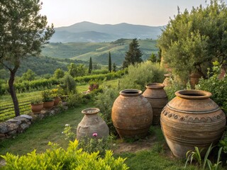 Obraz premium Rustic Collection of Antique Clay Pots and Handmade Pottery in a Serene Landscape Setting