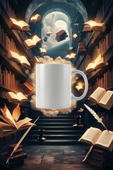 A blank white mug levitating in a surreal library