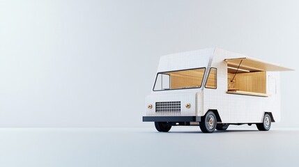 Fototapeta premium A white food truck with the serving window open, isolated on a white background. Generative ai