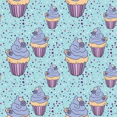 Seamless pattern with cupcakes. Muffin cake, sweet cupcake with cream, delicious pastries. Modern vector illustration for fabric, textile. Dessert print for a candy bar