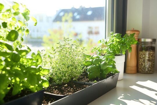 Fototapeta Indoor herb garden on sunny windowsill.