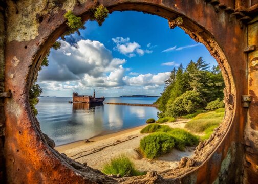 Scenic View of Kinburn Spit Through an Old Abandoned Barge - Coastal Landscape, Nature Photography, Maritime History, Travel Destination, Outdoor Adventure, Seaside Exploration