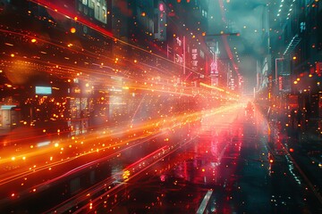 A city street with a bright orange line of light