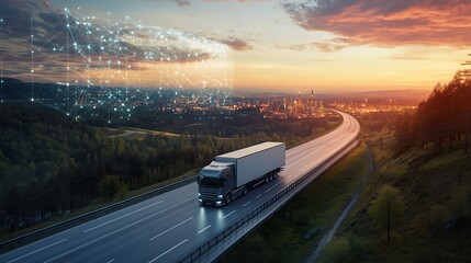 Truck Transportation logistics captured by a commercial blue semi-truck speeding past, highlighting themes of trade, supply chain velocity, and steadfast truck transportation logistics