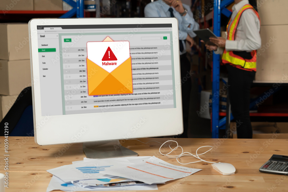 Poster cyber attacking concept. malware alert showing on computer screen display scam and threat detection 