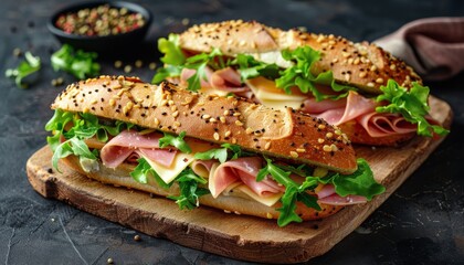 Close Up of Two Ham and Cheese Sandwiches on a Wooden Cutting Board