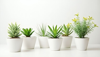 "Collection of small potted plants, neatly arranged on a plain white background. Ideal for home decor, gardening, or nature-inspired projects."  
