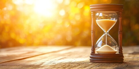 An hourglass turning from 2024 to 2025 set a timer on a wooden table with a blurred background and bokeh lights. Represents time management and brainstorming celebration ideas.	