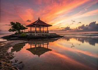 Serene Long Exposure of a Hut on an Island Surrounded by Calm Waters at Sunset