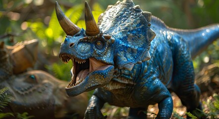 Fototapeta premium Blue Triceratops Dinosaur in Lush Forest