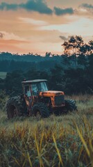 Fototapeta premium An old, rusty tractor is sitting in a field