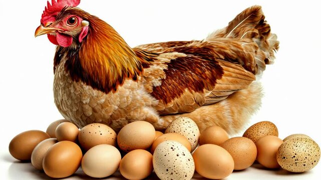 A brown hen sits on a nest of brown and speckled eggs