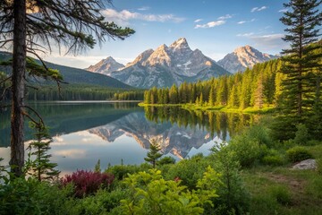 Obraz premium Serene Mountain Landscape with Calm Lake and Lush Forest - Nature Photography