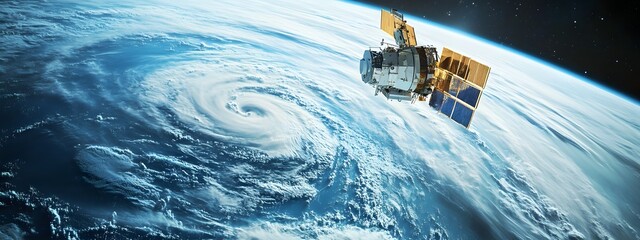 Realistic shot of a satellite floating above the Earth's surface, with the Earth in view and two hurricanes visible on its horizon.