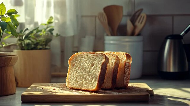 Three slices of bread sit on a wooden cutting board in a kitchen