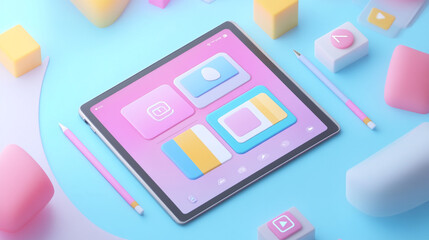 Dynamic 3D representation of social media content creation, featuring a tablet with editing tools and colorful post previews-1