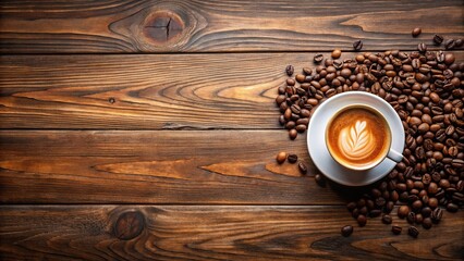 Aerial view of coffee cup and beans on wooden table in cafe