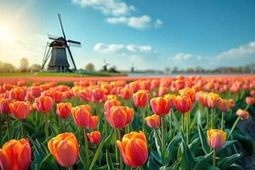 A field of orange tulips with a windmill in the background