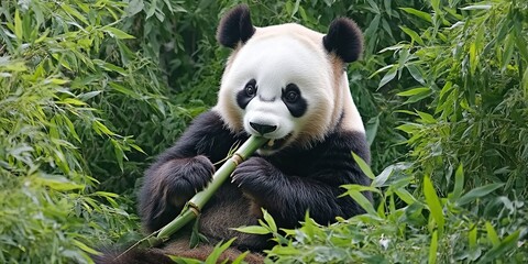 Obraz premium Panda enjoys bamboo in lush greenery