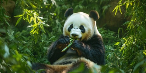 Obraz premium Panda enjoying bamboo in lush greenery