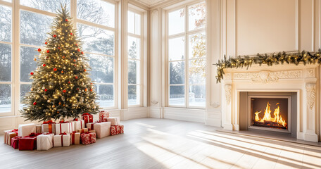 Christmas decoration in cosy interior of living room with fireplace decorated Christmas tree