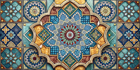Obraz premium Geometric tile mosaic, vibrant colors, intricate design, cultural decoration, copy space 