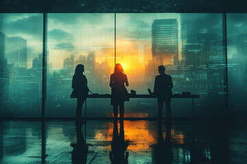 Silhouetted business professionals in futuristic office setting