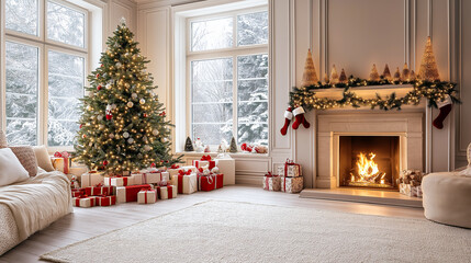 Christmas tree in living room with fireplace, gifts and decorations