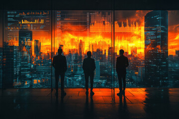 Silhouettes of businesspeople analyzing digital data cityscape