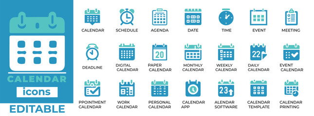 Editable calendar vector icons, perfect for scheduling, agendas, event planning, and deadlines. Ideal for digital calendars 