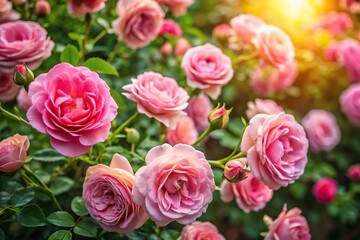 Fototapeta premium Aerial view of pink roses in a garden on bright morning