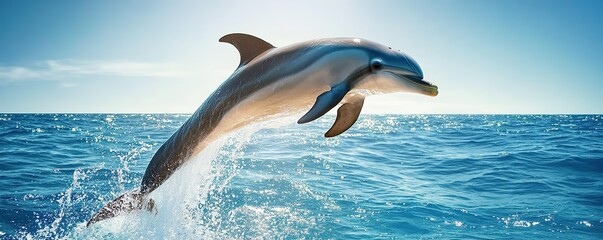 Dolphin leaping from ocean against clear sky