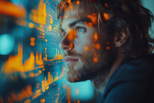 Focused businessman with analytics data overlay in modern office - Powered by Adobe