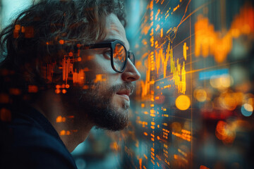 Focused businessman analyzing financial data on digital screen