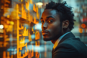 Confident young African American businessman with digital data display