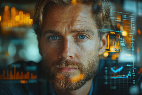 Focused businessman analyzing data with futuristic double exposure effect