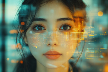 Double exposure of Asian woman reflecting technology and data
