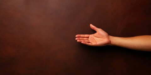 A close-up photo of the hand shows the "cross" gesture on a light background, adding drama. There is still room for text on the left. Leather in detail, emphasizing texture and realism.