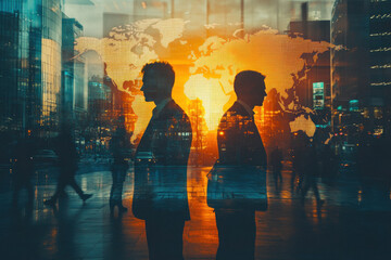 Dynamic double exposure of business professionals and city skyline at sunset