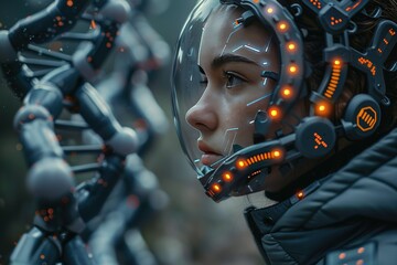 A woman in a futuristic suit is looking at a DNA strand
