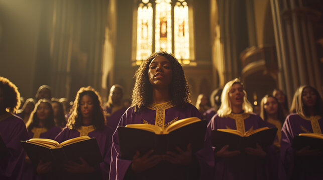 Ch&oacute;r ubrany w tradycyjne tuniki, tworzy dynamiczną kompozycję w przestrzeni kościoła. 