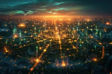 A cityscape with a bright orange sun in the sky