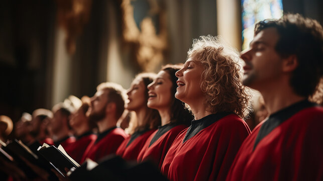 Ch&oacute;r ubrany w tradycyjne tuniki, tworzy dynamiczną kompozycję w przestrzeni kościoła. 