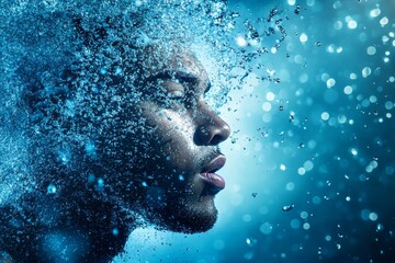 a swimmer emerging from underwater, droplets and splashes flying, intense expression on the athlete's face, clear blue pool background, fine detail on water textures and athlete's muscles