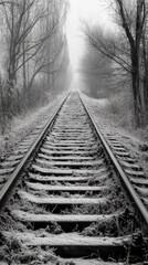 Train track is shown in the snow, with the tracks covered in snow