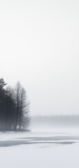 Dense morning fog blankets a dark snowy landscape, creating a serene winter atmosphere